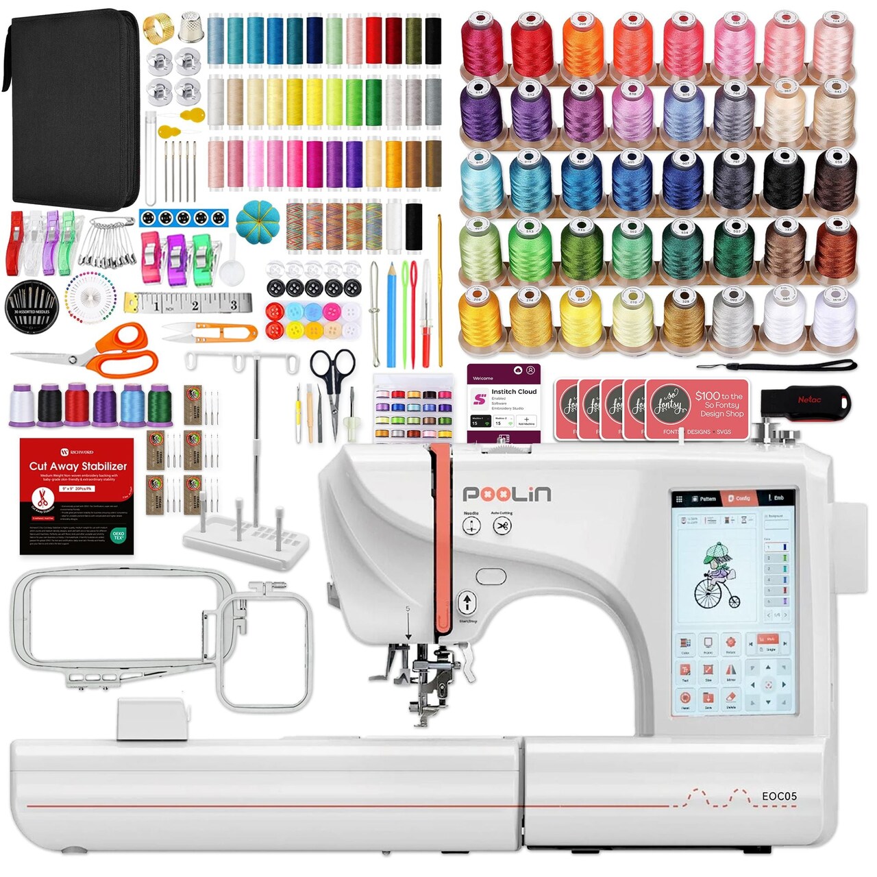 POOLIN EOC05 4in x 9.2in Embroidery Machine with Embroidery Accessory Kit